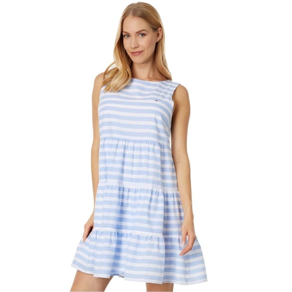 Tommy Hilfiger Women’s XL 14/16 Blue White Stripe Tiered Dress Sleeveless Cotton